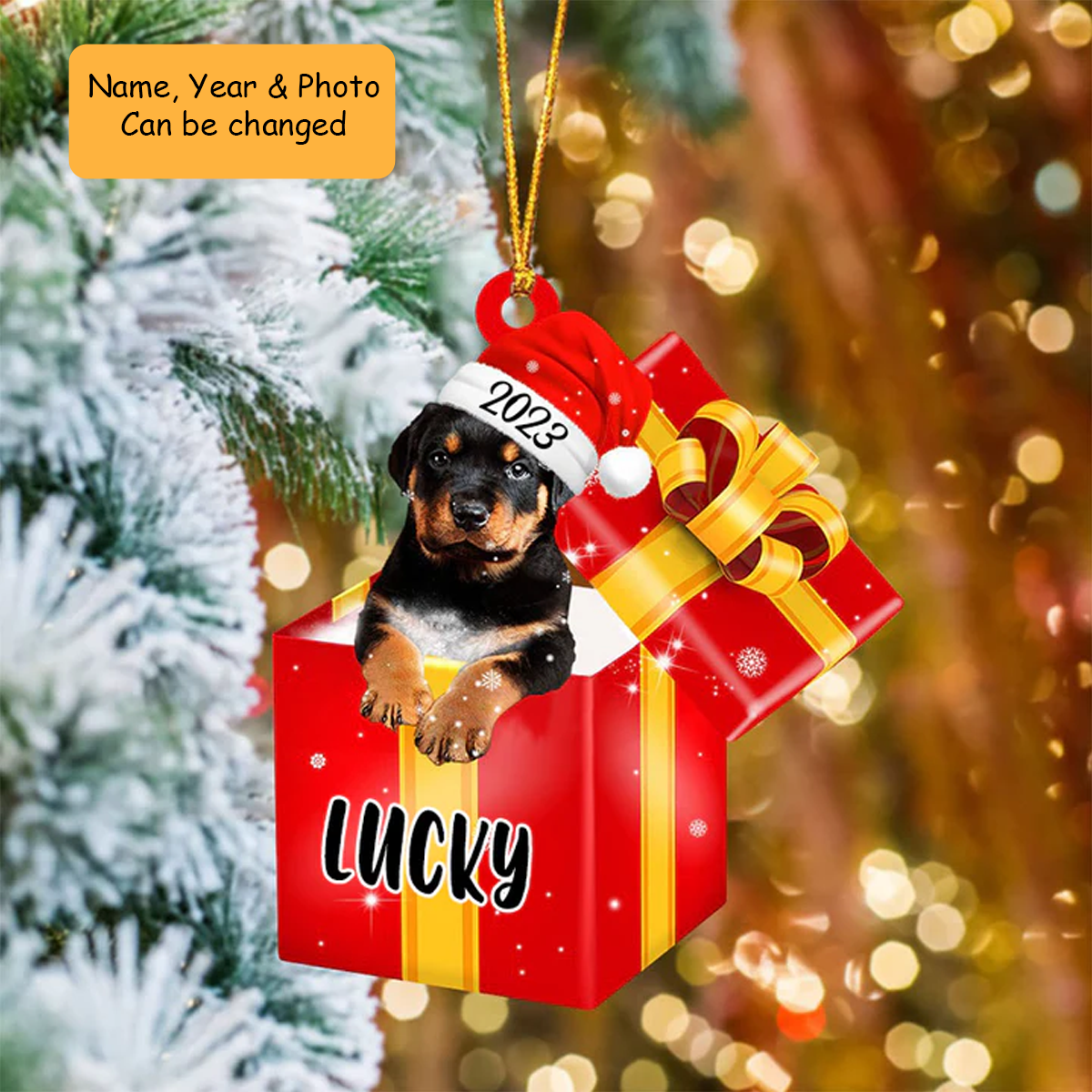 Customized Rottweiler In Red Gift Box Acrylic Ornament, Personalized Ornament Gifts For Christmas Dog Mom