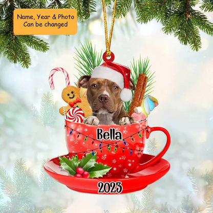 Customized Brown Pitbull Dog In Cup Acrylic Ornament, Personalized Ornament Gifts For Christmas Dog Mom