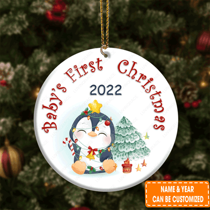 Personalized Baby Penguin First Christmas Circle Ceramic Ornament For 1st Christmas Daughter And Son