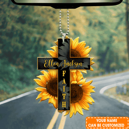 Personalized Faith Cross Sunflower Acrylic Car Ornament, Perfect Christmas Gift For Family, Friend