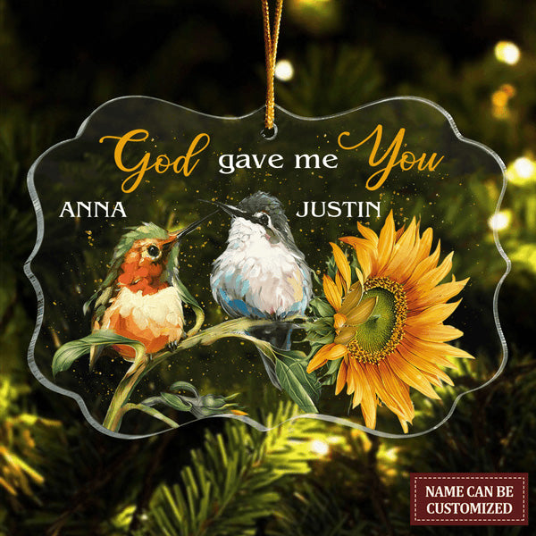 Customized Name Bird Couple Sunflower God Gave Me You Acrylic Ornament, Christmas Gift For Couple