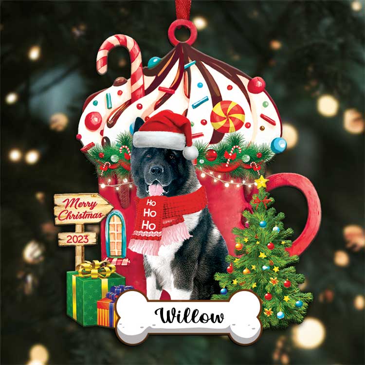 Custom Black Akita Inu Dog Name With Christmas Hot Chocolate Cup Acrylic Ornaments, Ornament Gift For Dog Mom Dad