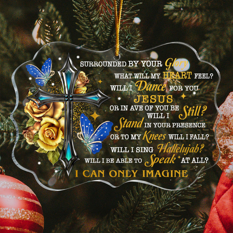 Golden Roses Cross Butterfly I Can Only Imagine Acrylic Ornament, Christmas Gift For Family, Friends