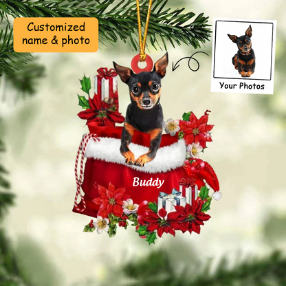 Customized Miniature Pincher In Red Gift Bag Acrylic Christmas Ornament, Christmas Gift For Dog Lovers, Dog Mom