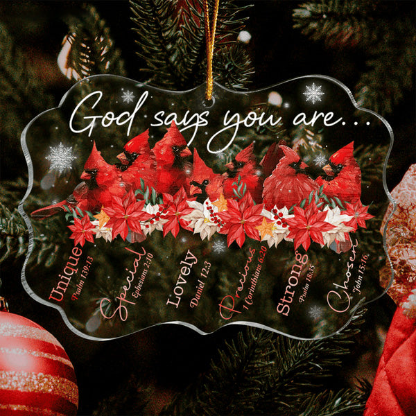 Cardinal And Poinsettia Flowers God Says You Are Acrylic Ornament, Christmas Gift For Family, Friends