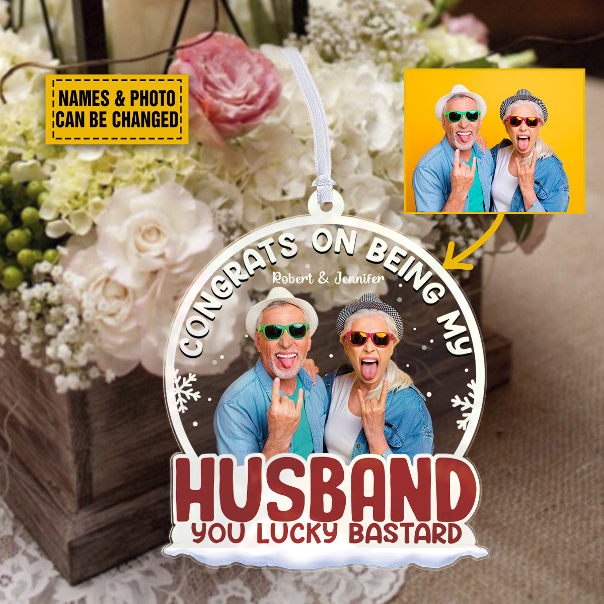 Personalized Couple Family Photo Acrylic Ornaments Congrats On Being My Husband You Lucky Bastard, Gifts For Couple