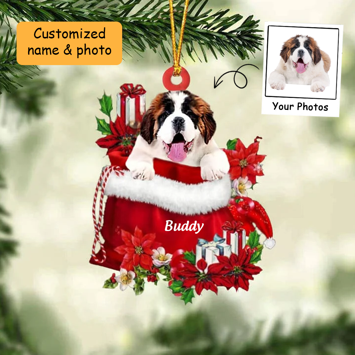 Customized Saint Bernard In Red Gift Bag Acrylic Christmas Ornament, Christmas Gift For Dog Lovers, Dog Mom