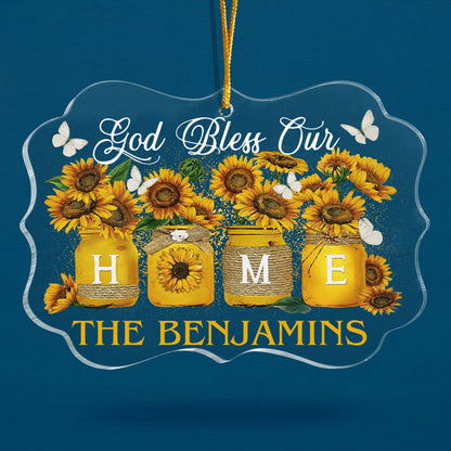 Custom Family's Name Sunflower Mason Jar God Blessed Our Home Acrylic Ornament, Christmas Gift For Family