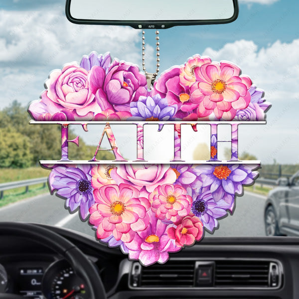 Beautiful Heart Filled With Flowers Faith Acrylic Car Ornament, Perfect Christmas Gift For Family, Friends