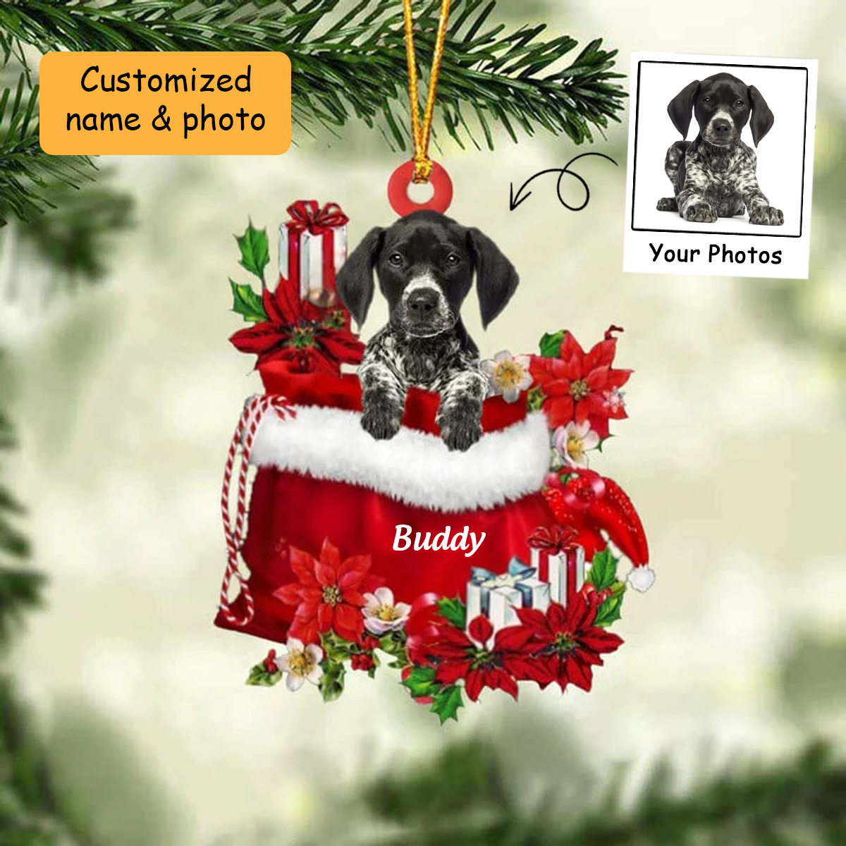 Customized German Shorthaired Pointer Dog In Red Gift Bag Acrylic Ornament, Christmas Gift For Dog Lovers, Dog Mom