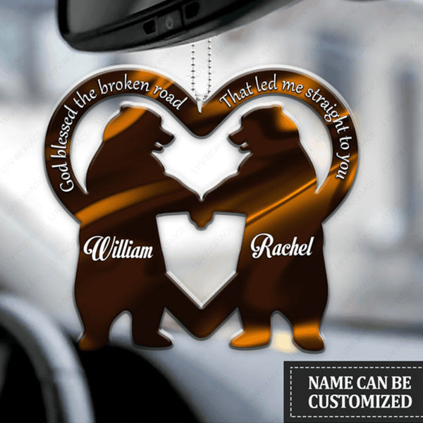 Personalized Bear Couple Heart God Blessed Acrylic Car Ornament, Perfect Christmas Gift For Couple Family