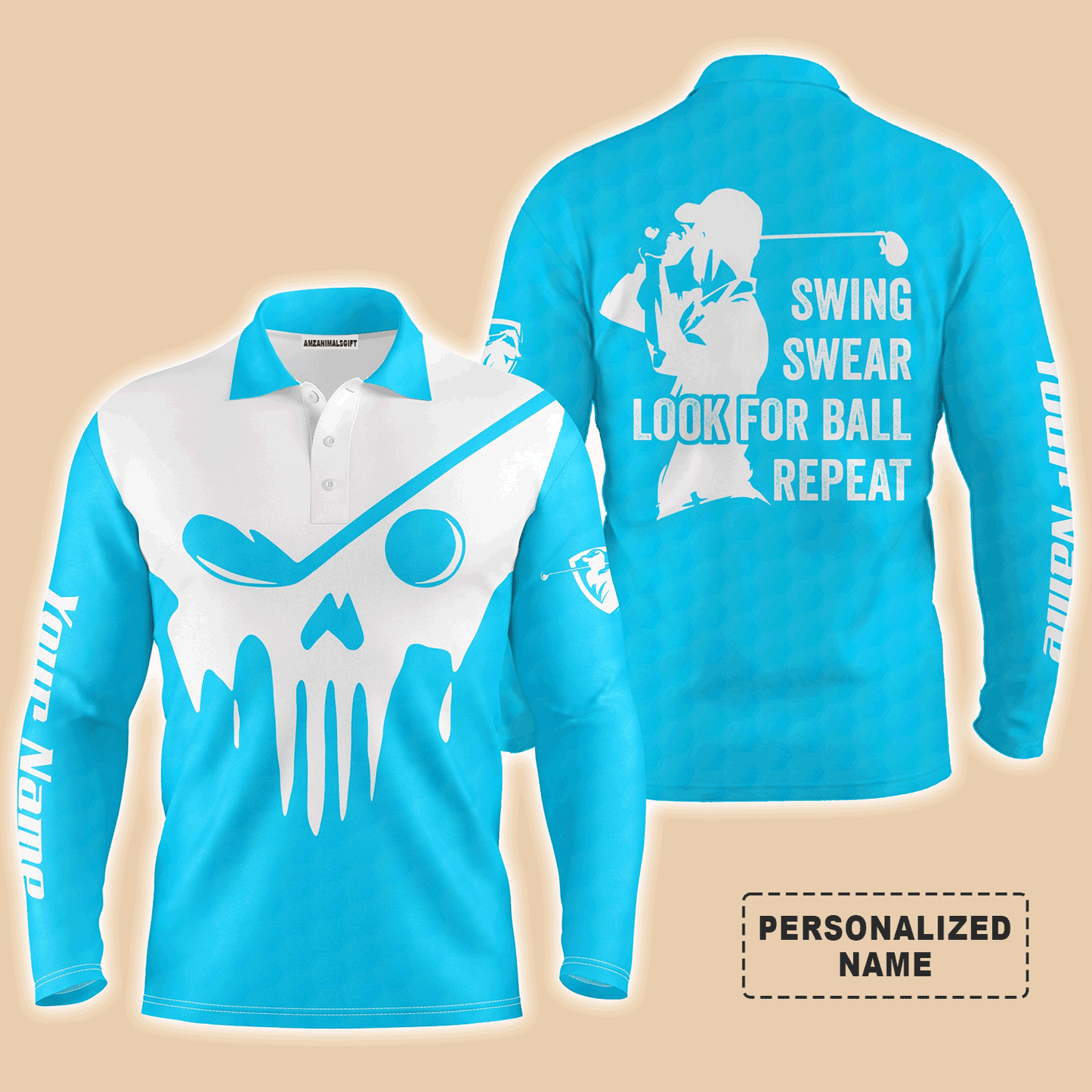 Golf Men Polo Shirt - Custom Name Multicolor Golf Skull - Swing Swear Look For Ball Repeat Men Polo Shirt - Perfect Polo Shirt For Men, Golfers