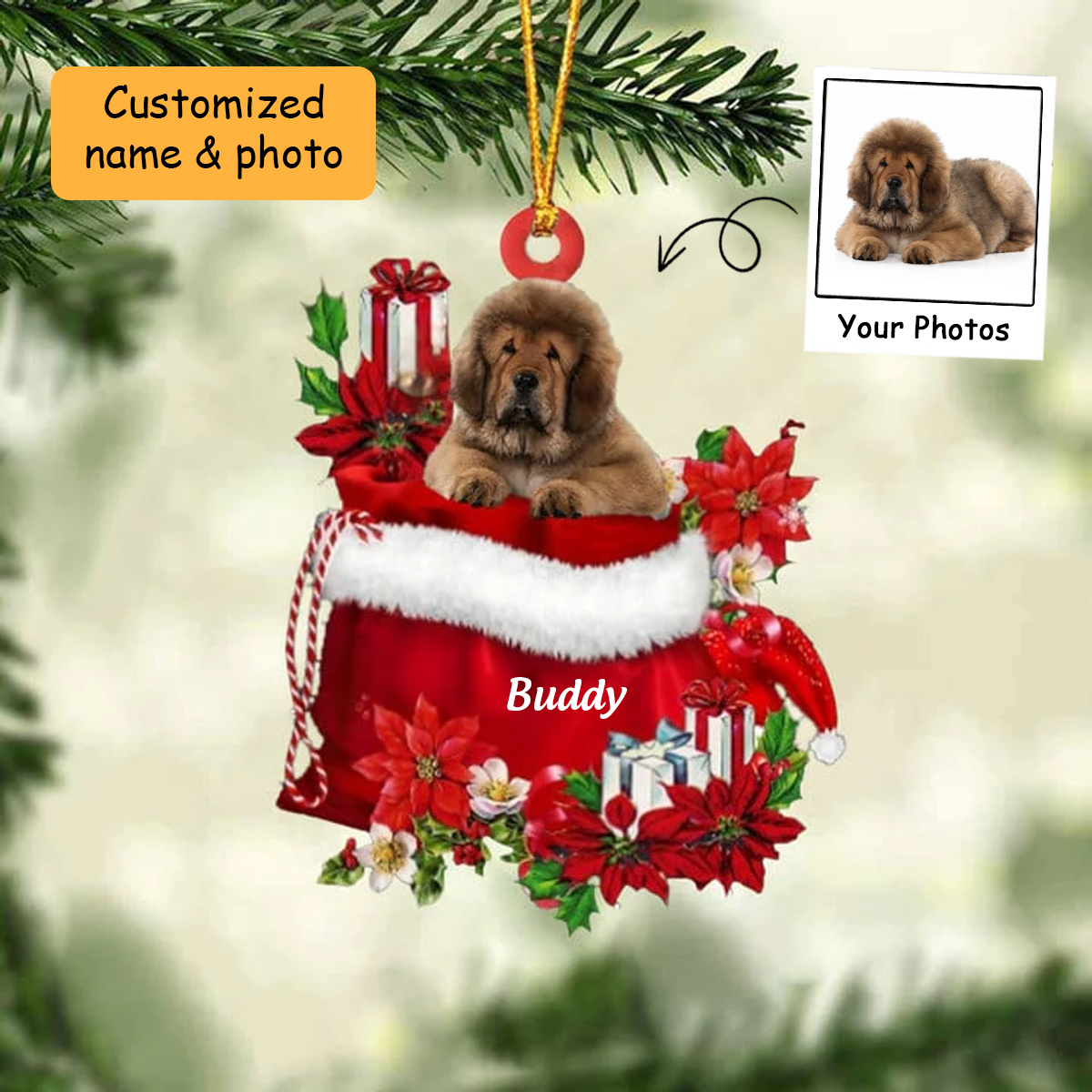 Customized Tibetan Mastiff Dog In Red Gift Bag Acrylic Ornament, Christmas Gift For Dog Lovers, Dog Mom