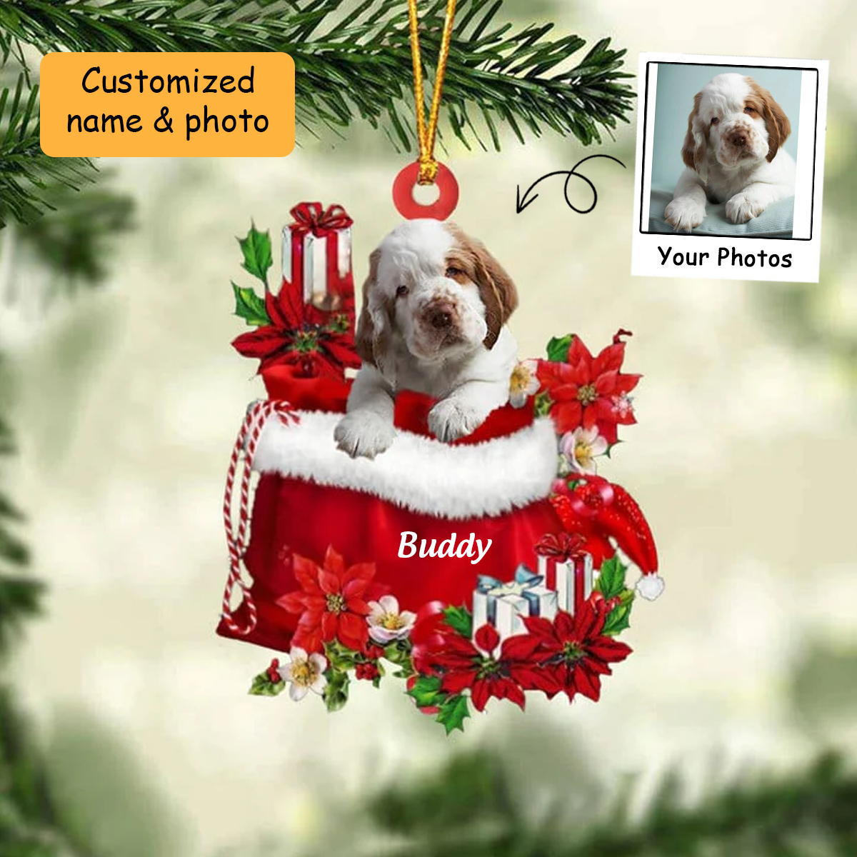 Customized Clumber Spaniel In Red Gift Bag Acrylic Ornament, Christmas Gift For Dog Lovers, Dog Mom