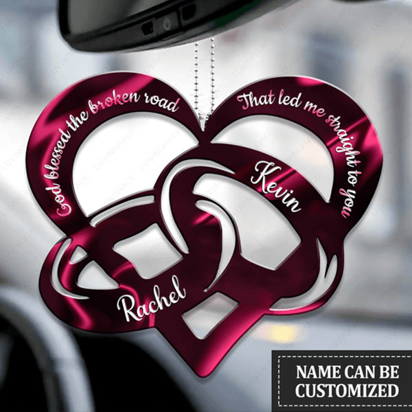 Heart Pink Couple Rings God Blessed Personalized Acrylic Car Ornament, Perfect Christmas Gift For Couple Wedding