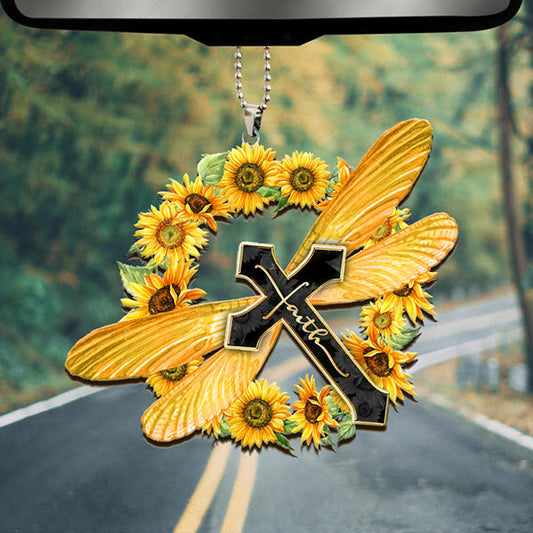 Sunflower Wreath Dragonfly Cross Faith Acrylic Car Ornament, Perfect Christmas Gift For Family, Friends