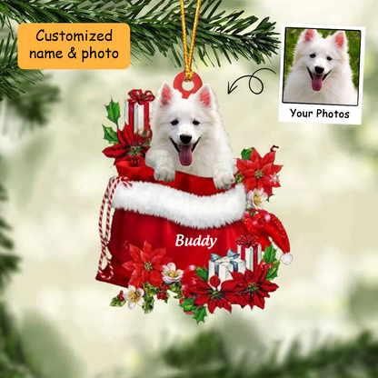 Customized American Eskimo Dog In Red Gift Bag Acrylic Ornament, Christmas Gift For Dog Lovers, Dog Mom