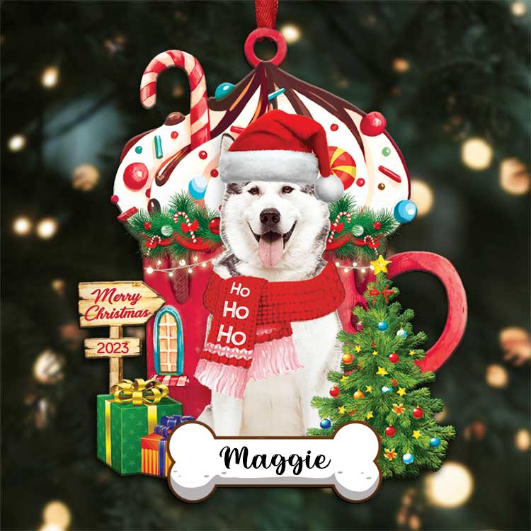 Custom Alaskan Malamute Dog Name With Christmas Hot Chocolate Cup Acrylic Ornaments, Ornament Gift For Dog Mom Dad - V1