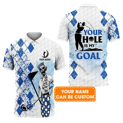 Golf Men Polo Shirt Custom Name - Golf Skull Blue Pattern Your Hole Is My Goal Personalized Polo Shirt For Men - Gift For Golfers, Friend, Family