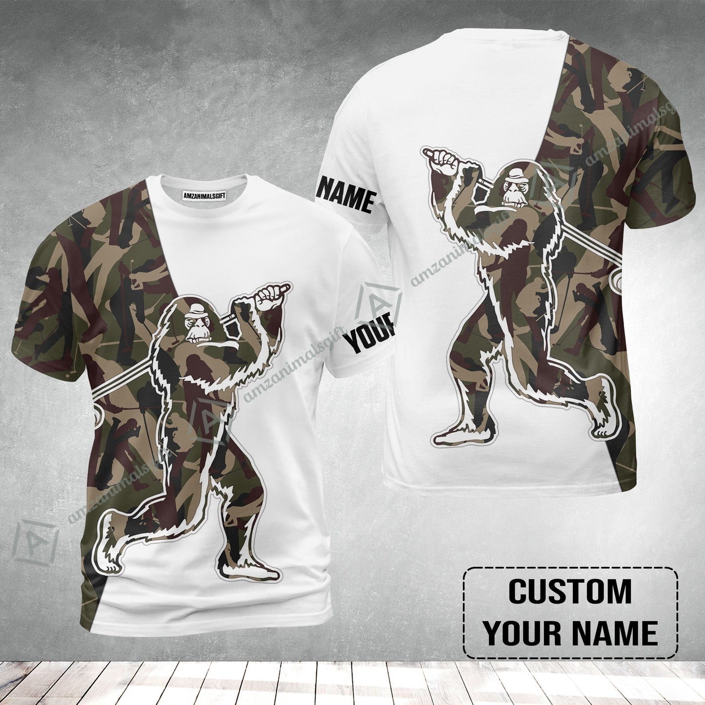 Custom Golf T-Shirt - Funny Bigfoot Golf T-Shirt, Camo Pattern Custom Name Sasquatch Playing Golf Apparel