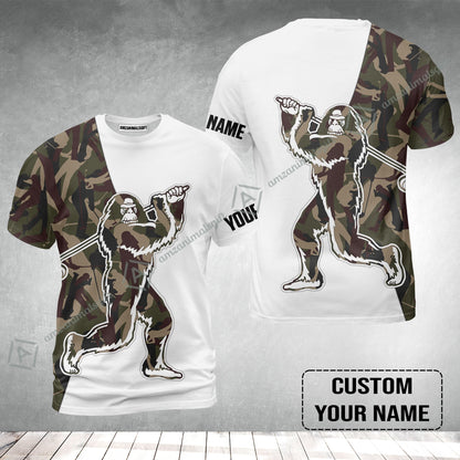 Custom Golf T-Shirt - Funny Bigfoot Golf T-Shirt, Camo Pattern Custom Name Sasquatch Playing Golf Apparel