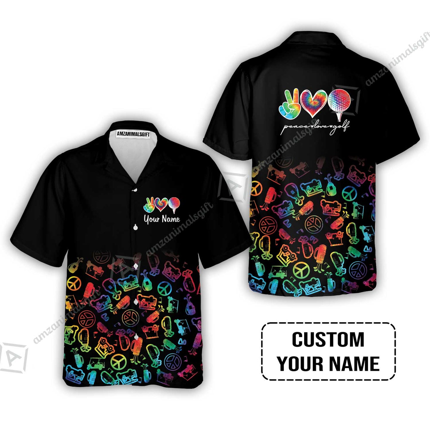 Men Golf Polo Shirt Custom Name, Watercolor Peace Love Golf Golf Icon Personalized Polo Shirt