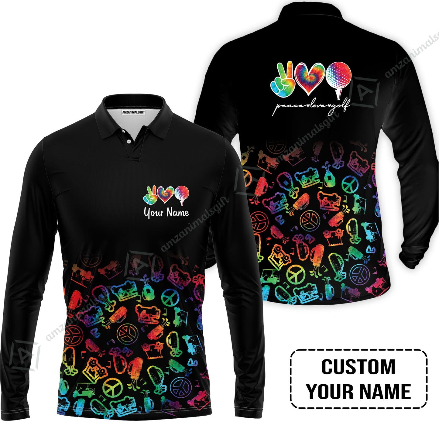 Men Golf Polo Shirt Custom Name, Watercolor Peace Love Golf Golf Icon Personalized Polo Shirt