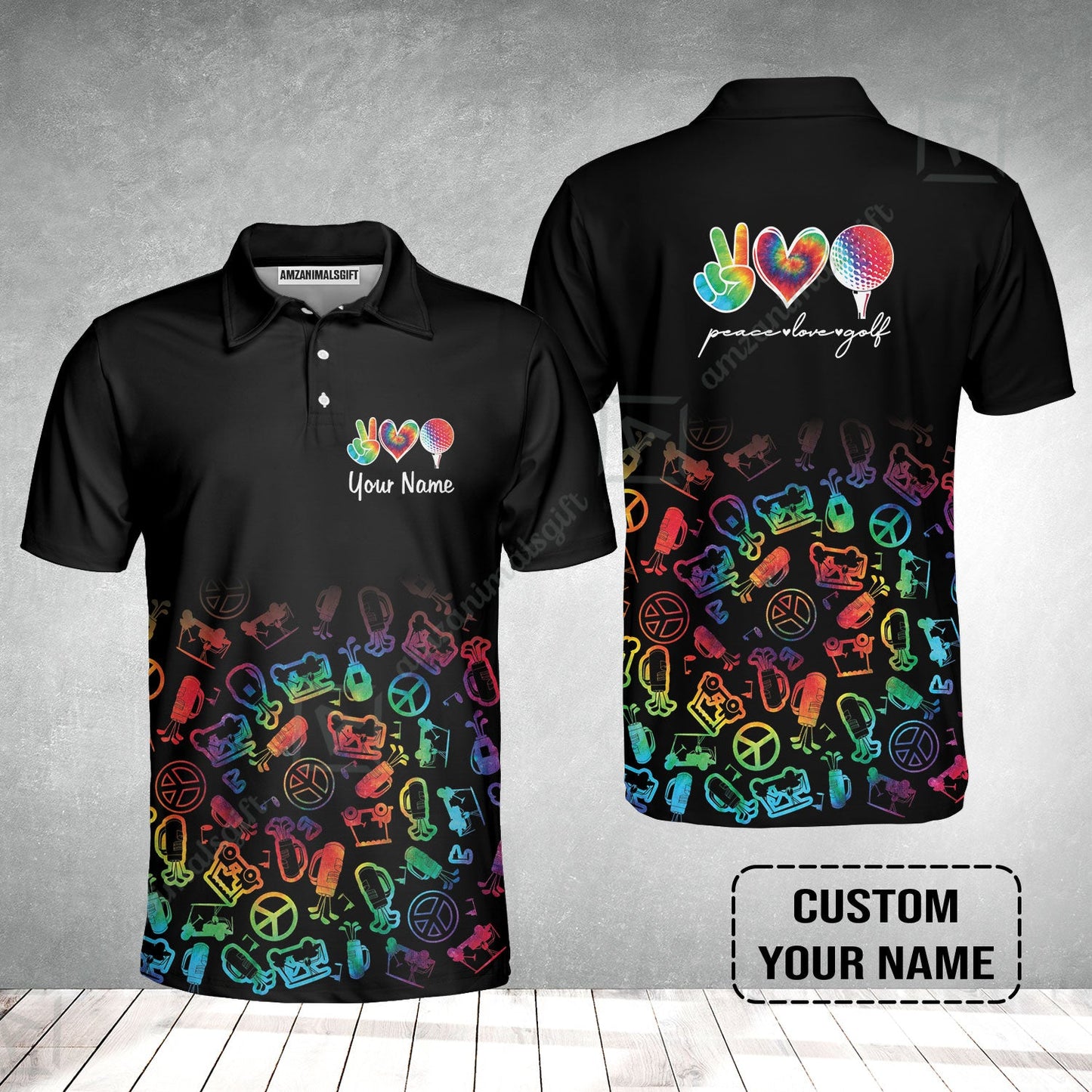 Men Golf Polo Shirt Custom Name, Watercolor Peace Love Golf Golf Icon Personalized Polo Shirt