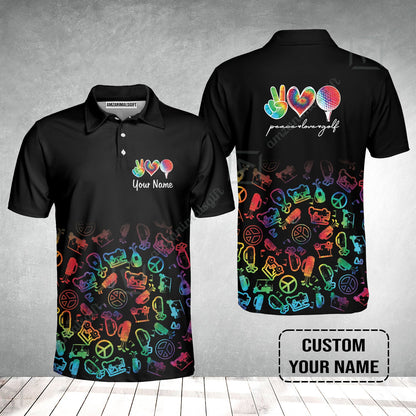 Men Golf Polo Shirt Custom Name, Watercolor Peace Love Golf Golf Icon Personalized Polo Shirt