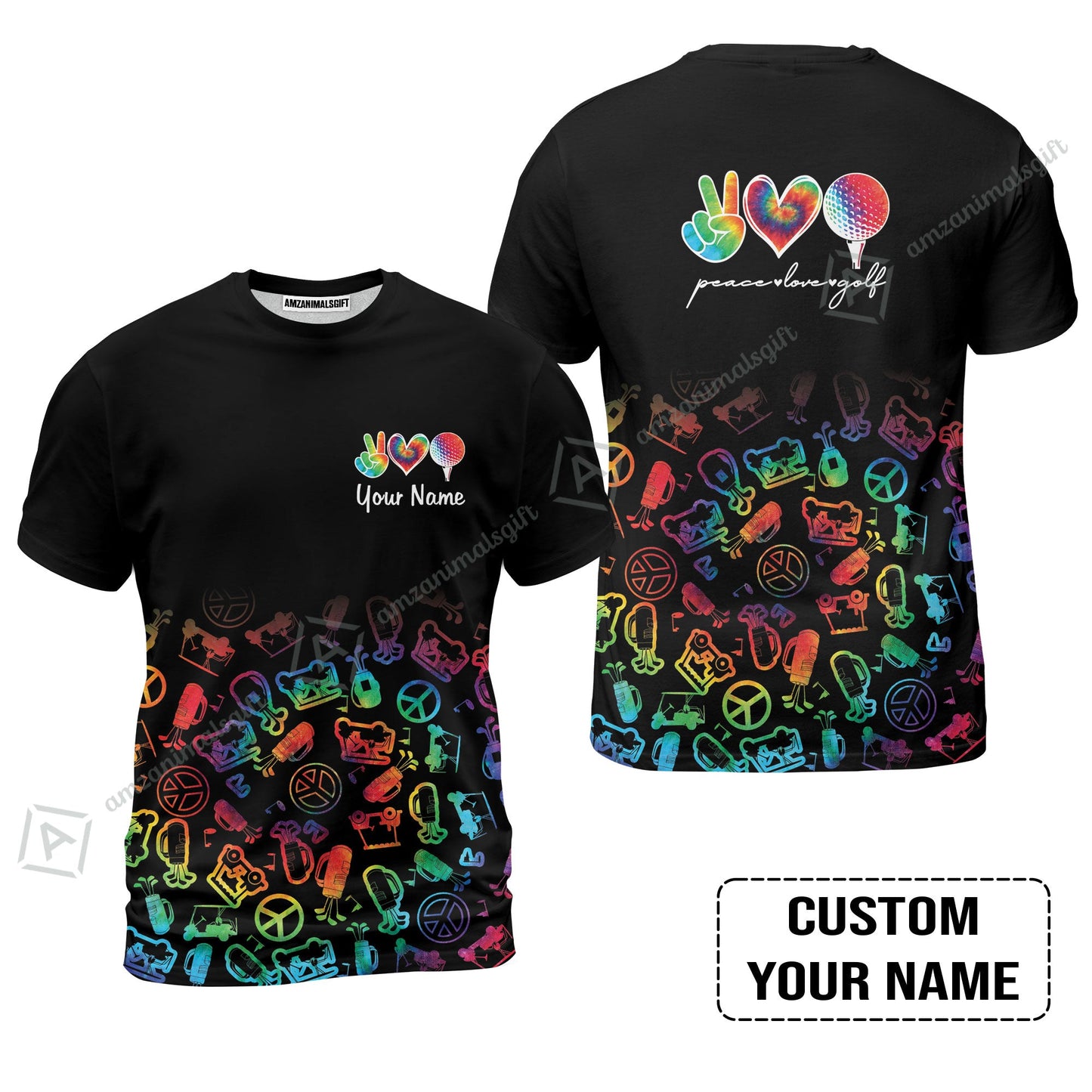 Men Golf Polo Shirt Custom Name, Watercolor Peace Love Golf Golf Icon Personalized Polo Shirt
