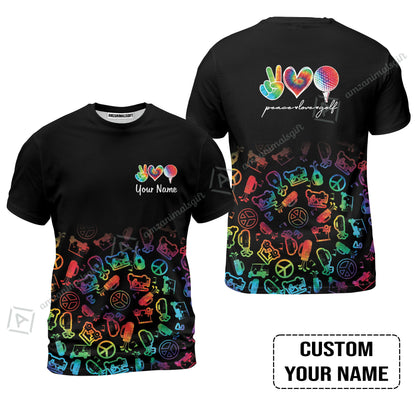 Men Golf Polo Shirt Custom Name, Watercolor Peace Love Golf Golf Icon Personalized Polo Shirt