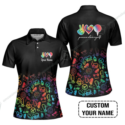 Men Golf Polo Shirt Custom Name, Watercolor Peace Love Golf Golf Icon Personalized Polo Shirt
