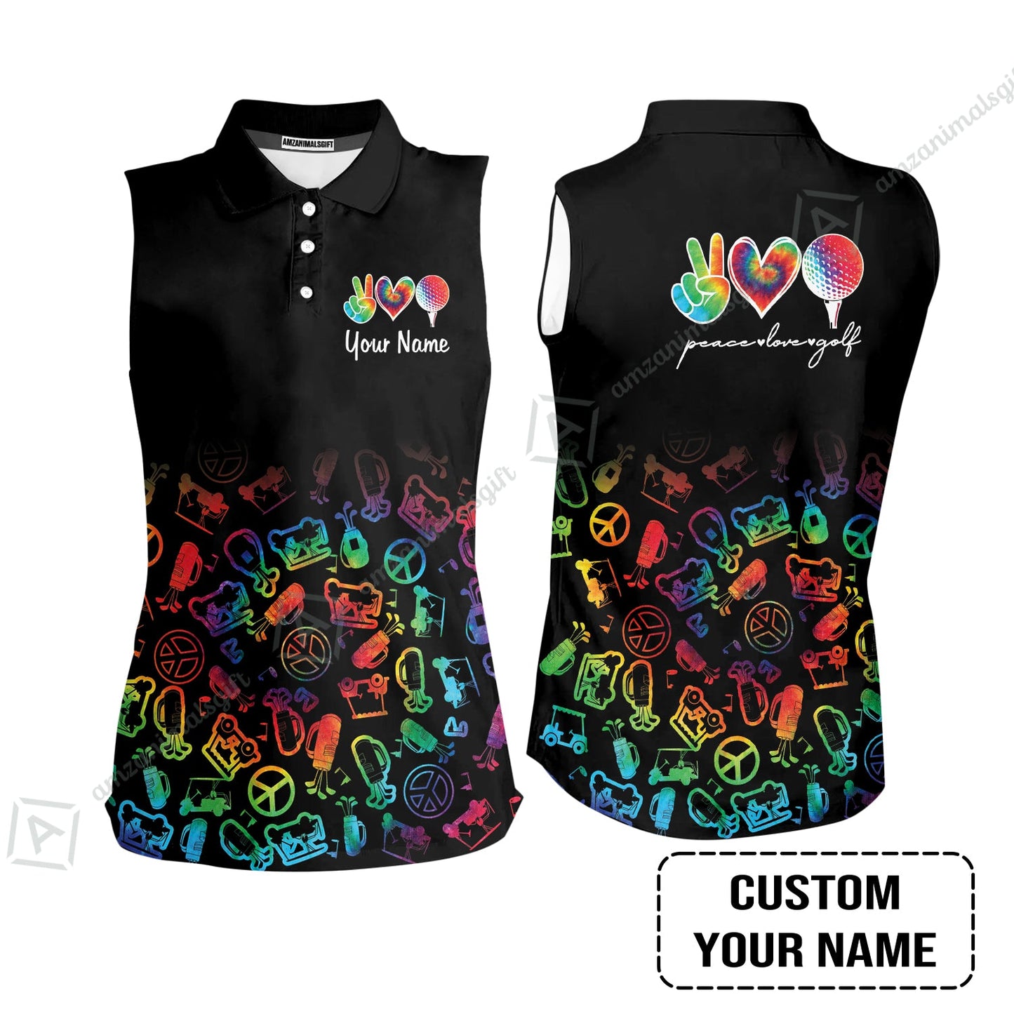 Men Golf Polo Shirt Custom Name, Watercolor Peace Love Golf Golf Icon Personalized Polo Shirt