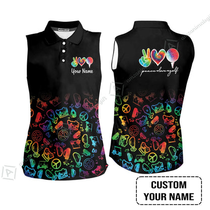 Men Golf Polo Shirt Custom Name, Watercolor Peace Love Golf Golf Icon Personalized Polo Shirt