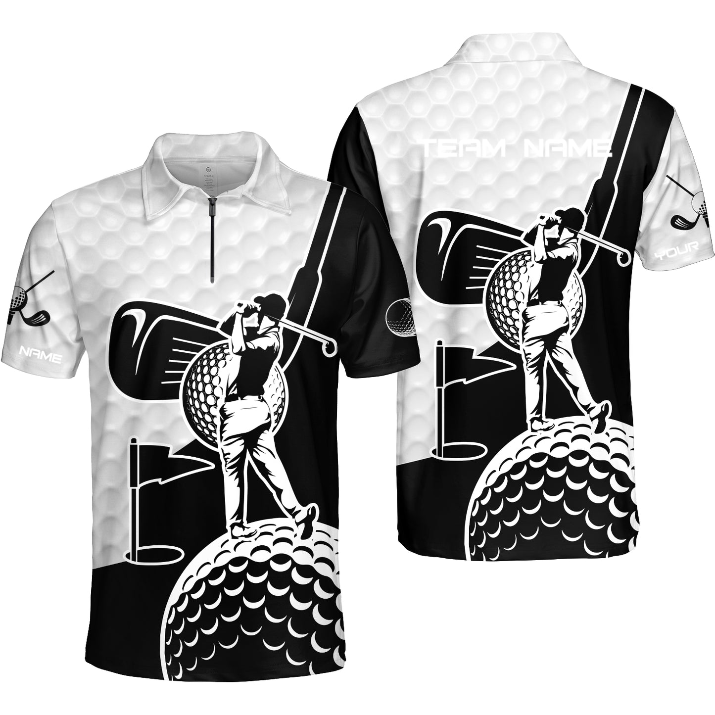 Golf Custom Name Quarter Zip Polo Shirt - Golf Clubs Golf Ball Apparel - Personalized Gift For Golf Lover, Team, Golfer