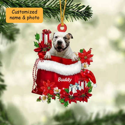 Customized American Bulldog Dog In Red Gift Bag Acrylic Ornament, Christmas Gift For Dog Lovers, Dog Mom