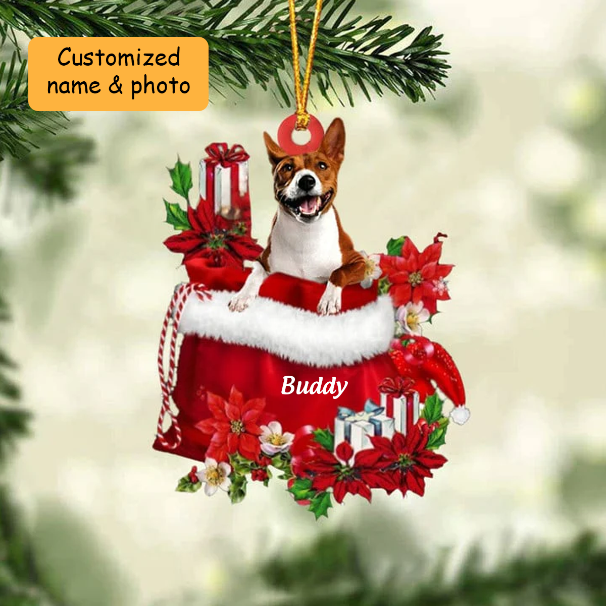 Customized Basenji In Red Gift Bag Acrylic Ornament, Christmas Gift For Dog Lovers, Dog Mom