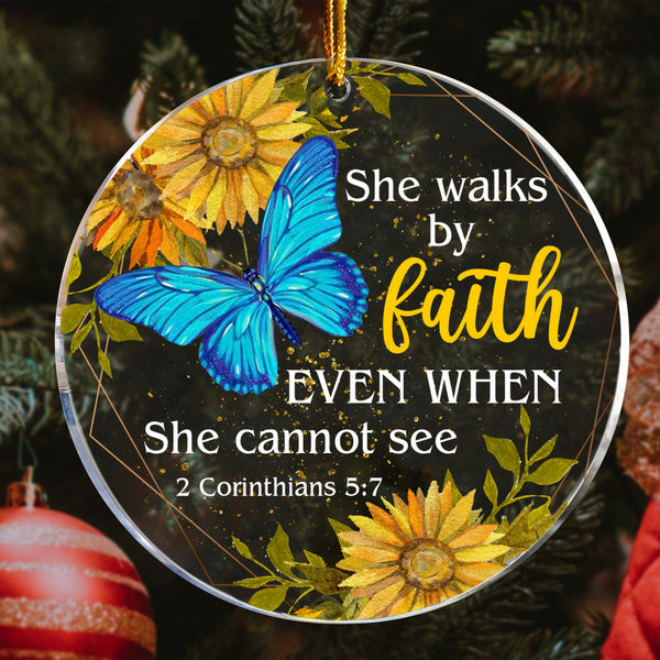 Sunflower Blue Butterfly Walk By Faith Acrylic Ornament, Perfect Christmas Gift For Family, Friends, Holiday Decor