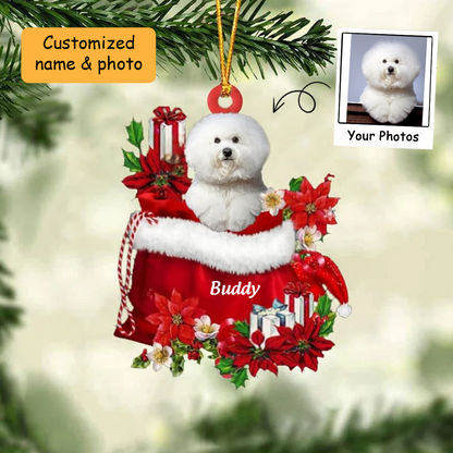 Customized Bichon Frise Dog In Red Gift Bag Acrylic Ornament, Christmas Gift For Dog Lovers, Dog Mom