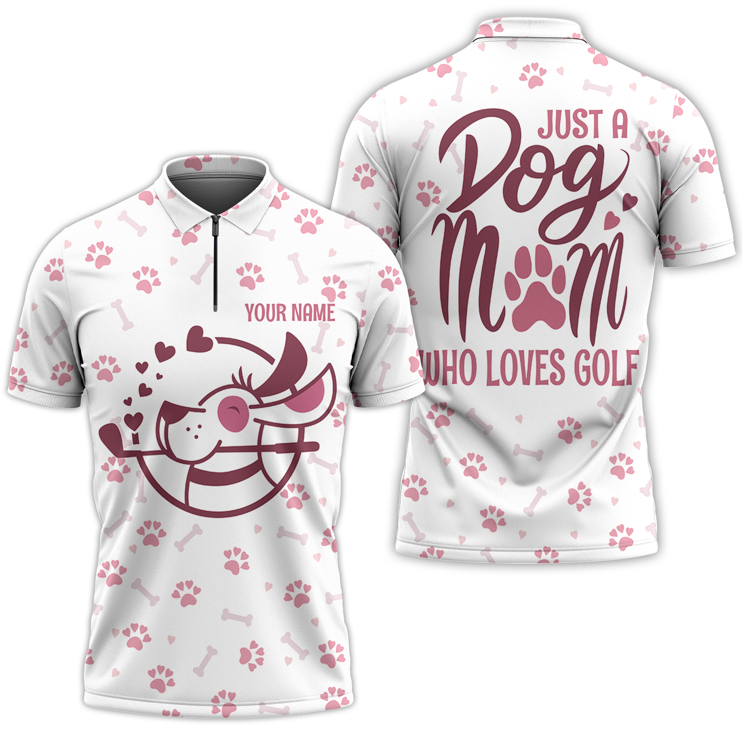 White And Pink Golf Dog Zip Polo Shirt, Just A Dog Mom Who Loves Golf Short Sleeve Shirt, Golf Gift For Dog Lovers