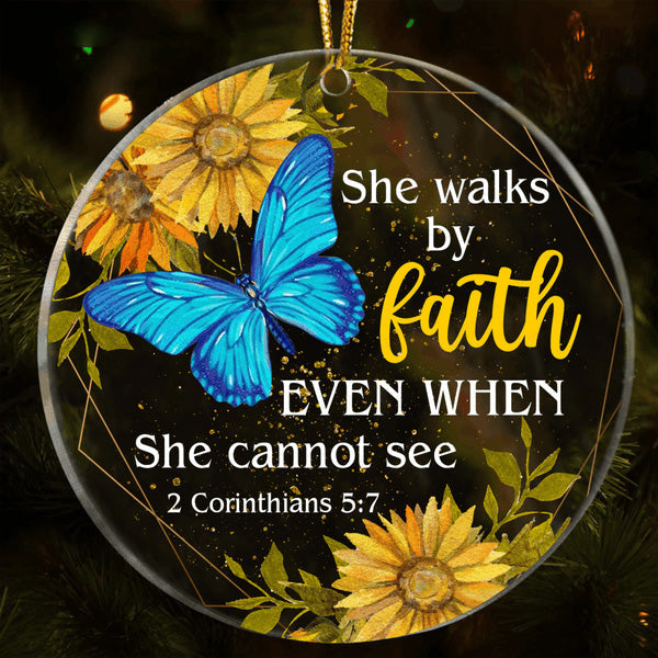 Sunflower Blue Butterfly Walk By Faith Acrylic Ornament, Perfect Christmas Gift For Family, Friends, Holiday Decor