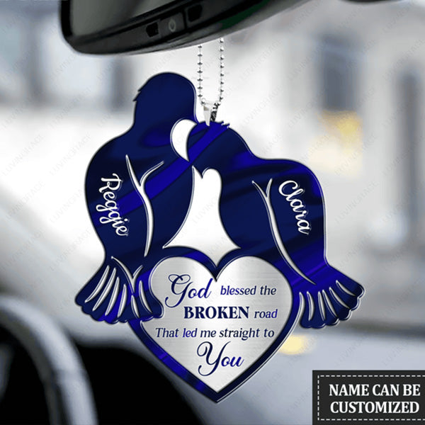 Silhouette Of Birds Couple And Heart God Blessed Personalized Acrylic Car Ornament, Perfect Christmas Gift For Couple