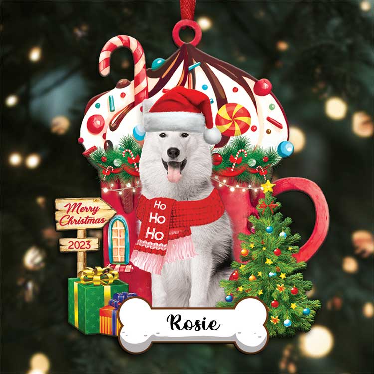 Custom White Alaskan Malamute Dog Name With Christmas Hot Chocolate Cup Acrylic Ornaments, Ornament Gift For Dog Mom Dad