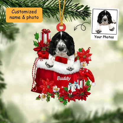 Customized English Springer Spaniel Dog In Red Gift Bag Acrylic Ornament, Christmas Gift For Dog Lovers, Dog Mom