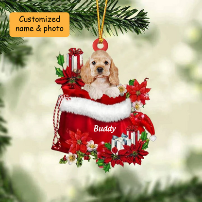Customized Cocker Spaniel Dog In Red Gift Bag Acrylic Ornament, Christmas Gift For Dog Lovers, Dog Mom