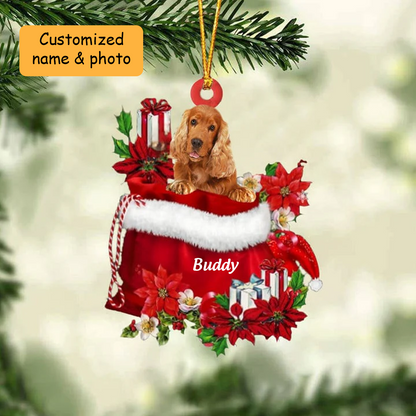 Customized Cocker Spaniel Dog In Red Gift Bag Acrylic Ornament, Christmas Gift For Dog Lovers, Dog Mom
