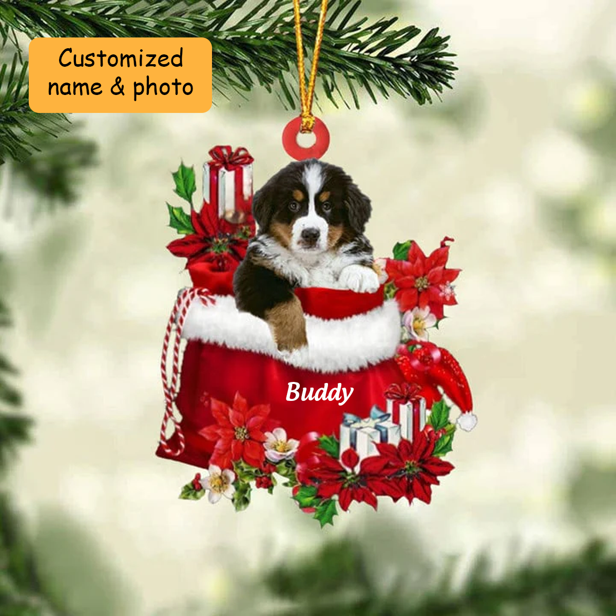 Customized Bernese Mountain Dog In Red Gift Bag Acrylic Ornament, Christmas Gift For Dog Lovers, Dog Mom