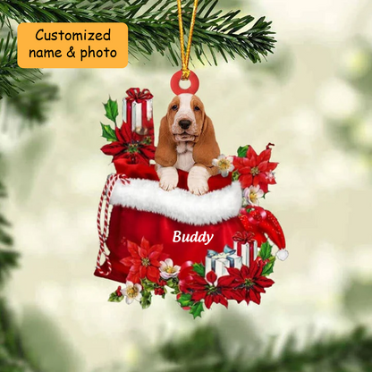Customized Basset Hound Dog In Red Gift Bag Acrylic Ornament, Christmas Gift For Dog Lovers, Dog Mom