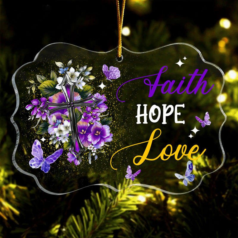 Purple Flower Cross Butterfly Faith Hope Love Acrylic Ornament, Christmas Gift For Family, Friends, Holiday Decor