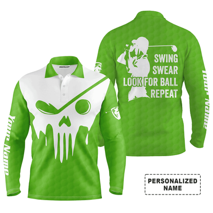 Golf Men Polo Shirt - Custom Name Multicolor Golf Skull - Swing Swear Look For Ball Repeat Men Polo Shirt - Perfect Polo Shirt For Men, Golfers